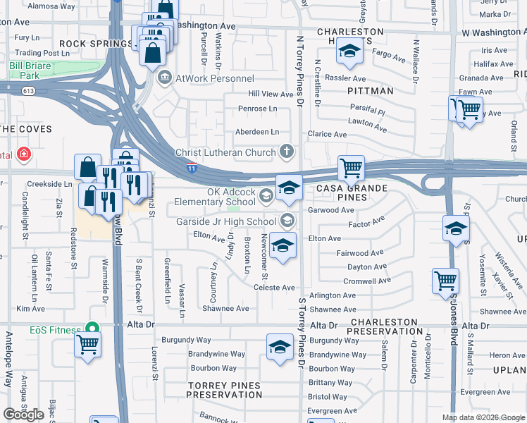 map of restaurants, bars, coffee shops, grocery stores, and more near 6350 Hyde Avenue in Las Vegas