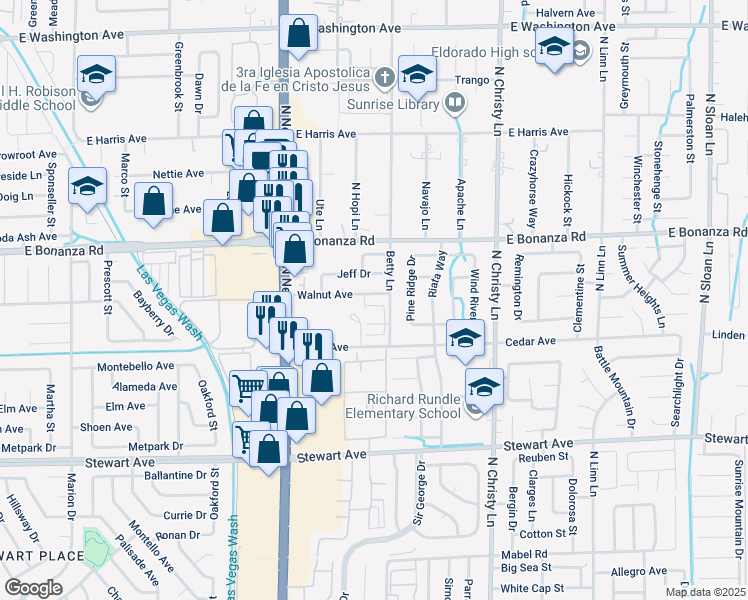 map of restaurants, bars, coffee shops, grocery stores, and more near 5270 Walnut Avenue in Las Vegas