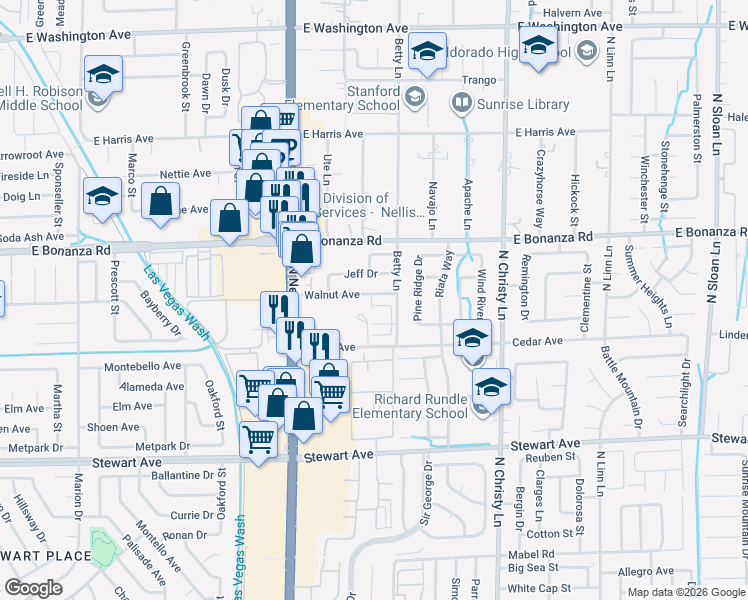map of restaurants, bars, coffee shops, grocery stores, and more near 5270 Walnut Avenue in Las Vegas