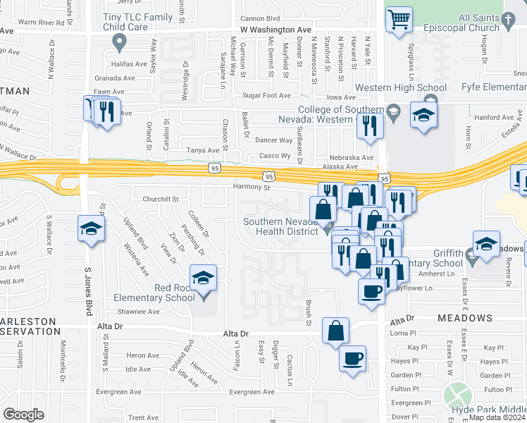 map of restaurants, bars, coffee shops, grocery stores, and more near 5316 Desert Blossom Road in Las Vegas