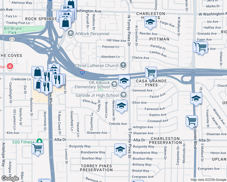 map of restaurants, bars, coffee shops, grocery stores, and more near 6350 Hyde Avenue in Las Vegas