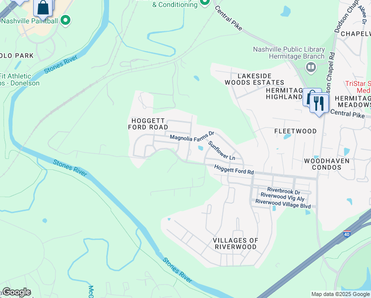 map of restaurants, bars, coffee shops, grocery stores, and more near 6013 Blackberry Ridge Lane in Nashville