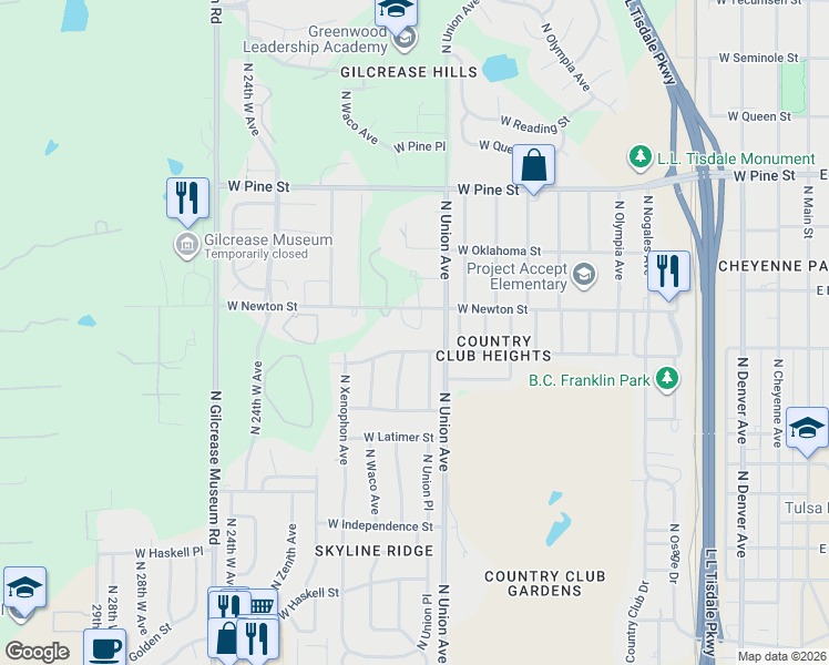 map of restaurants, bars, coffee shops, grocery stores, and more near 1720 West Newton Street in Tulsa