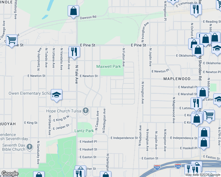 map of restaurants, bars, coffee shops, grocery stores, and more near 1211 North Darlington Place in Tulsa