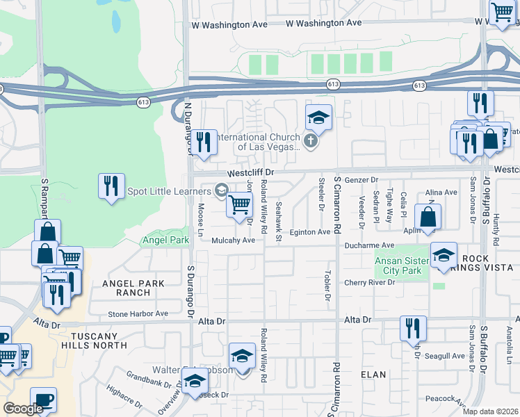 map of restaurants, bars, coffee shops, grocery stores, and more near 208 Roland Wiley Road in Las Vegas
