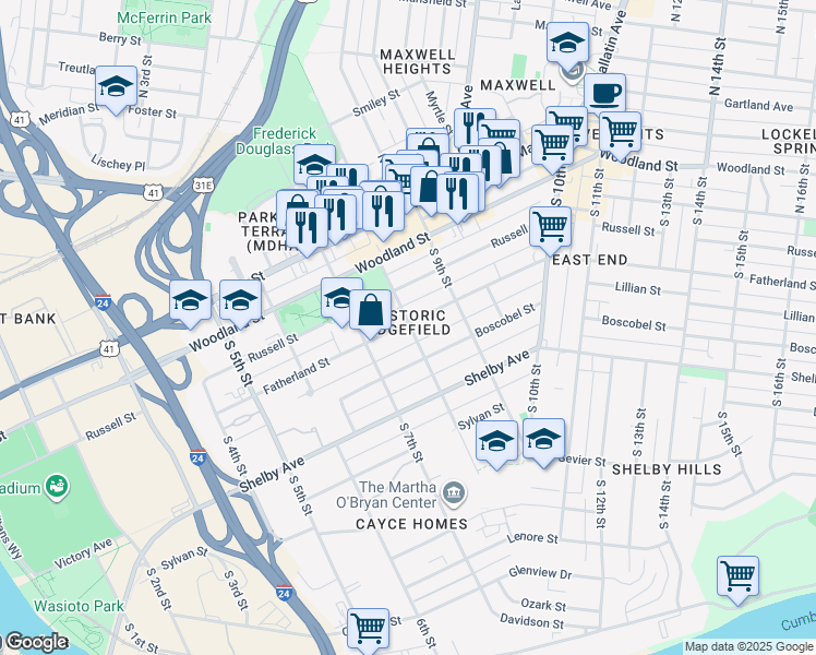 map of restaurants, bars, coffee shops, grocery stores, and more near in Nashville