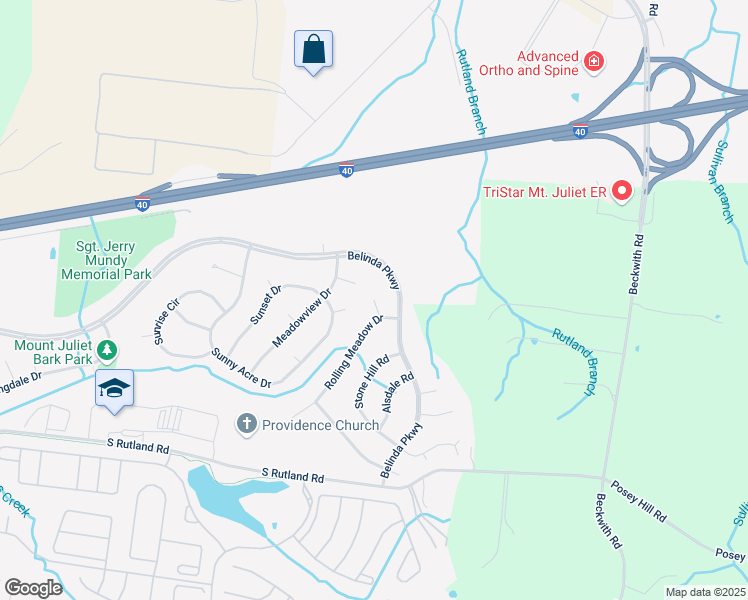 map of restaurants, bars, coffee shops, grocery stores, and more near 1300 Rolling Meadow Court in Mount Juliet