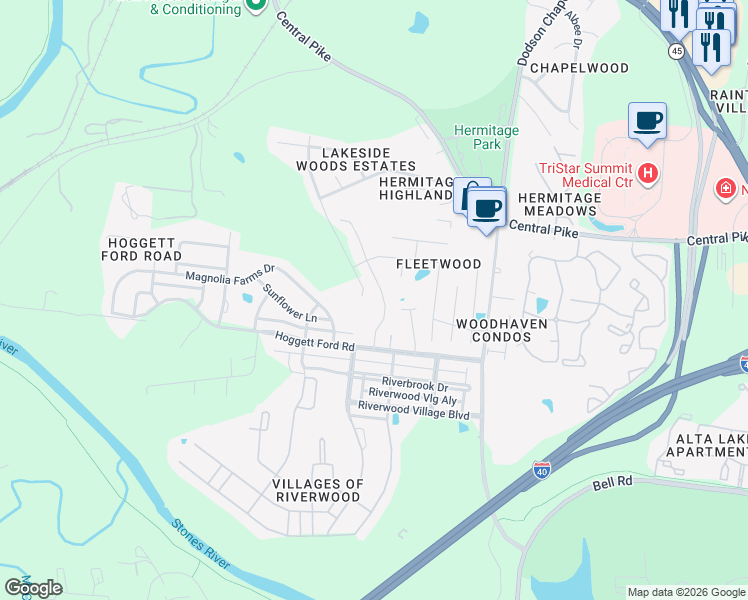 map of restaurants, bars, coffee shops, grocery stores, and more near 3765 Hoggett Ford Road in Nashville