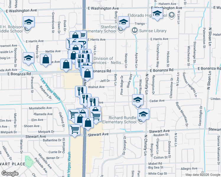 map of restaurants, bars, coffee shops, grocery stores, and more near 5270 Carriellen Lane in Las Vegas