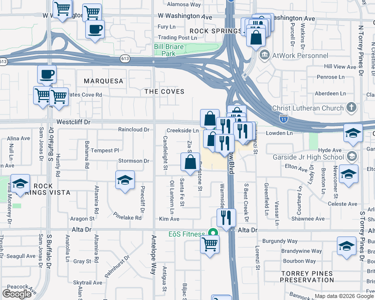 map of restaurants, bars, coffee shops, grocery stores, and more near 6912 Acoma Court in Las Vegas