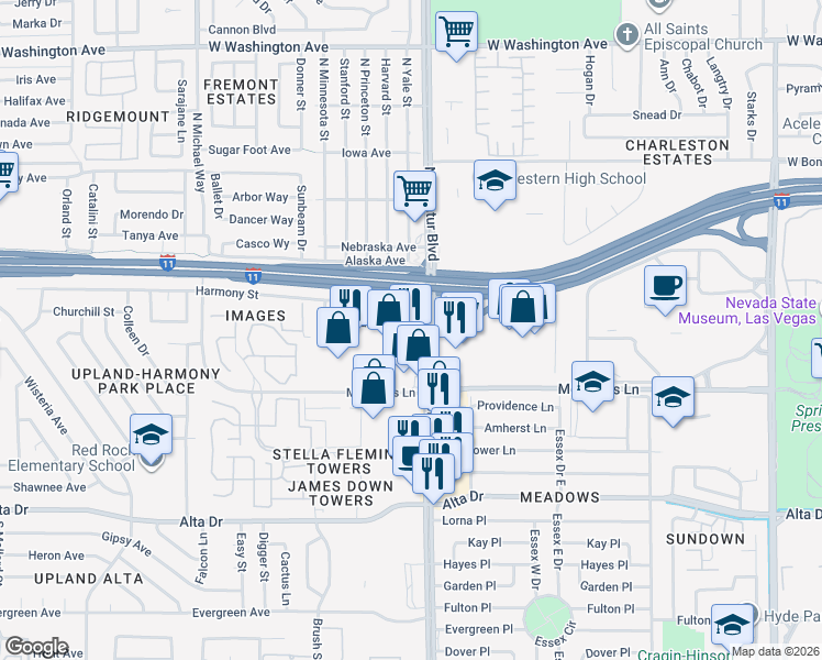 map of restaurants, bars, coffee shops, grocery stores, and more near 258 South Decatur Boulevard in Las Vegas