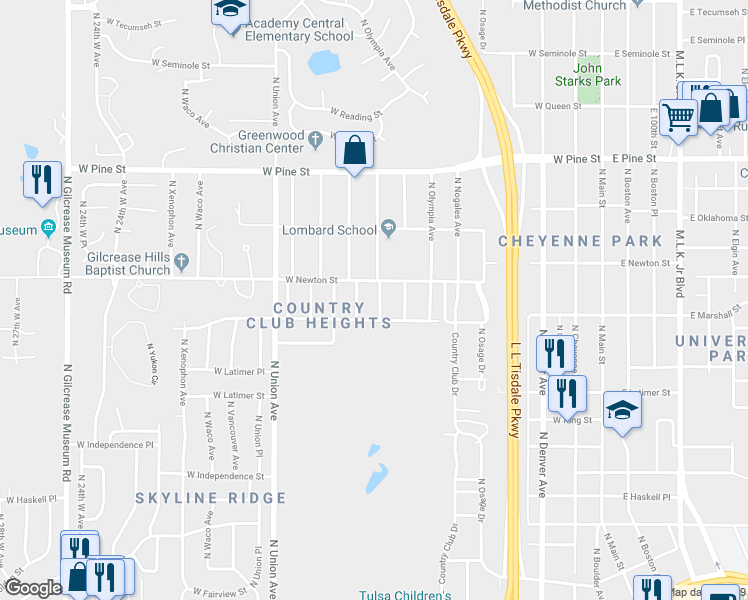map of restaurants, bars, coffee shops, grocery stores, and more near 1220 North Quanah Avenue in Tulsa