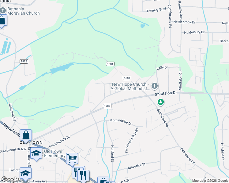 map of restaurants, bars, coffee shops, grocery stores, and more near 5075 Kimbrough Street in Winston-Salem