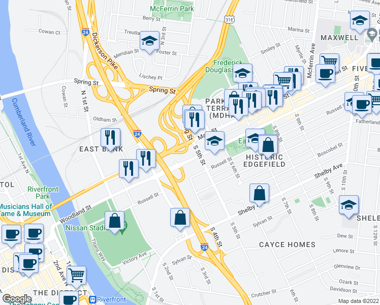 map of restaurants, bars, coffee shops, grocery stores, and more near 419 Woodland Street in Nashville
