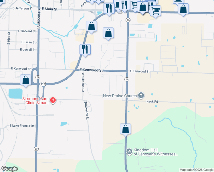map of restaurants, bars, coffee shops, grocery stores, and more near 2234-2294 East Kenwood Street in Siloam Springs