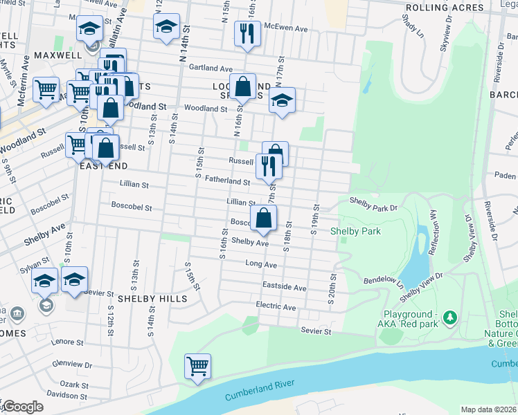 map of restaurants, bars, coffee shops, grocery stores, and more near 1621 Lillian Street in Nashville