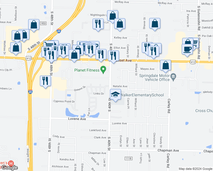map of restaurants, bars, coffee shops, grocery stores, and more near 479 Links Drive in Springdale