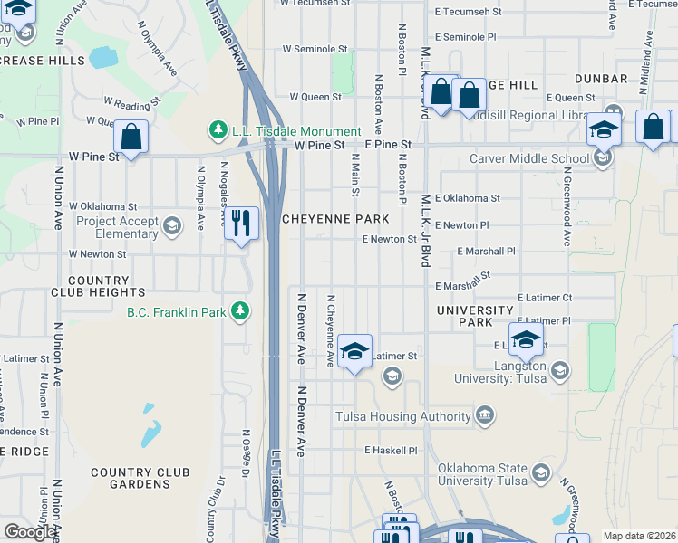 map of restaurants, bars, coffee shops, grocery stores, and more near 1228 North Main Street in Tulsa