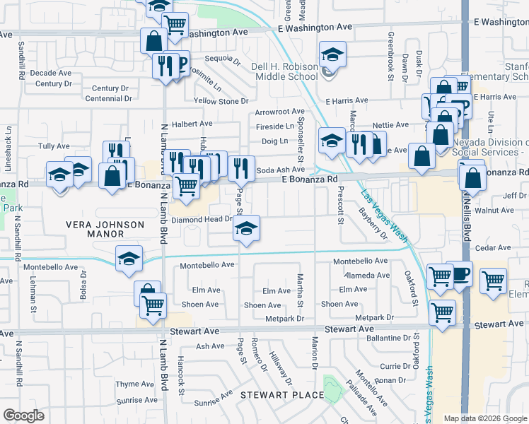 map of restaurants, bars, coffee shops, grocery stores, and more near 550 Roxella Lane in Las Vegas