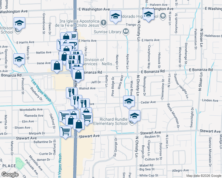 map of restaurants, bars, coffee shops, grocery stores, and more near 712 Betty Lane in Las Vegas