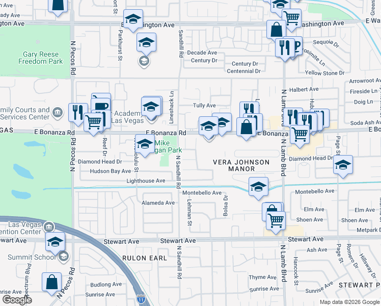 map of restaurants, bars, coffee shops, grocery stores, and more near 569 Old West Court in Las Vegas