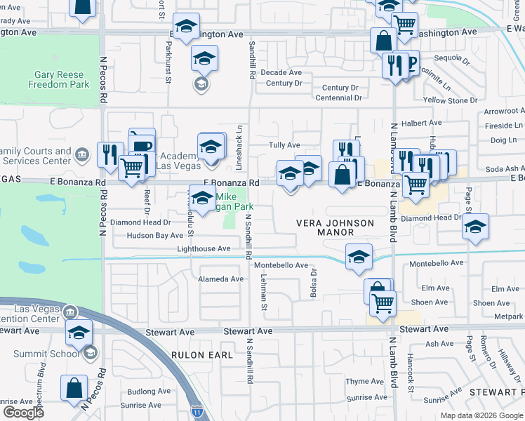 map of restaurants, bars, coffee shops, grocery stores, and more near 569 Old West Court in Las Vegas