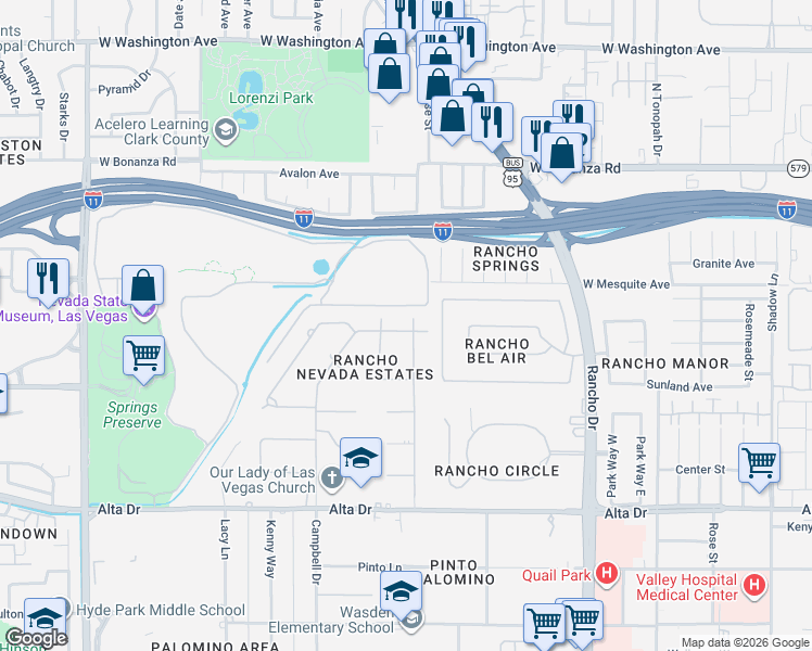 map of restaurants, bars, coffee shops, grocery stores, and more near 121 Stonewood Court in Las Vegas