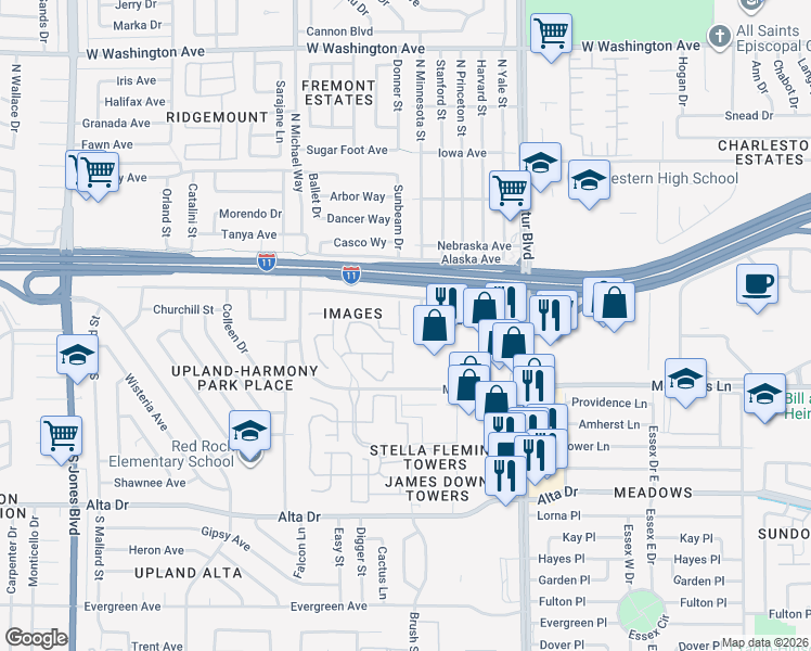 map of restaurants, bars, coffee shops, grocery stores, and more near 128 Wildshire Way in Las Vegas