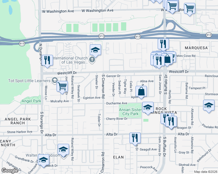 map of restaurants, bars, coffee shops, grocery stores, and more near 8001 Cureton Circle in Las Vegas