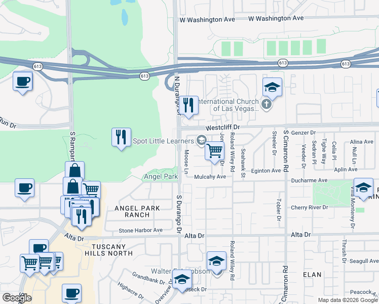 map of restaurants, bars, coffee shops, grocery stores, and more near 8433 Charles Court in Las Vegas