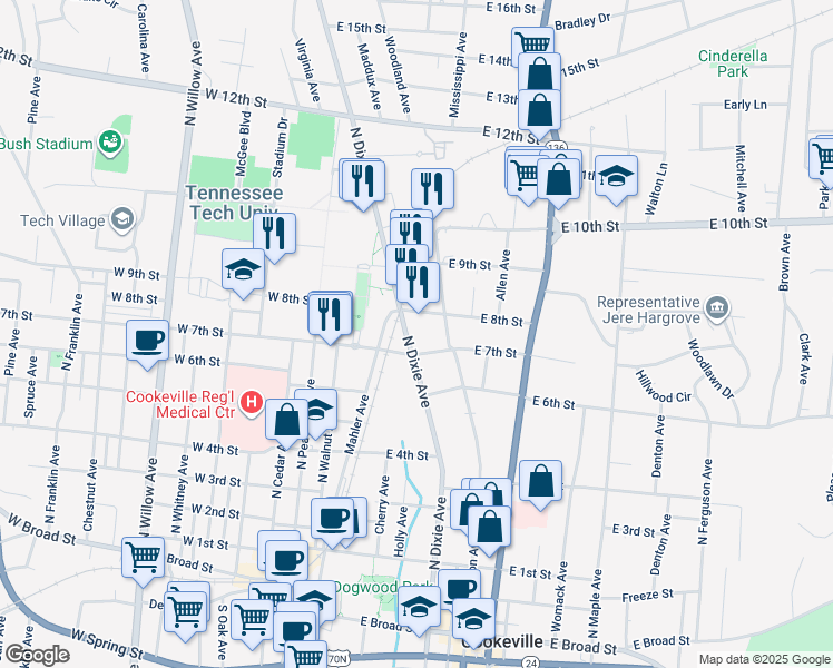 map of restaurants, bars, coffee shops, grocery stores, and more near 233 East 8th Street in Cookeville
