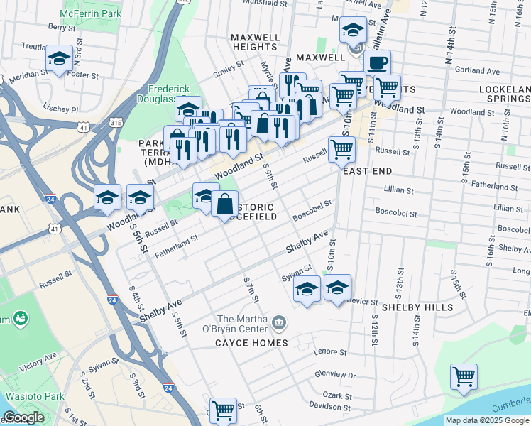 map of restaurants, bars, coffee shops, grocery stores, and more near in Nashville