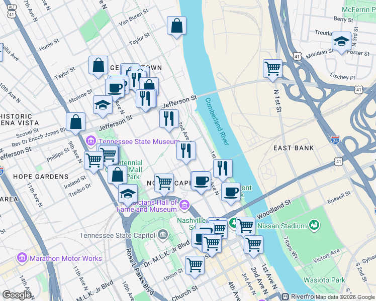 map of restaurants, bars, coffee shops, grocery stores, and more near 210 Stockyard Street in Nashville