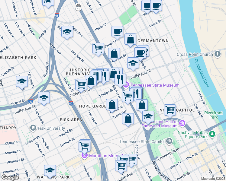 map of restaurants, bars, coffee shops, grocery stores, and more near 1044B 9th Avenue North in Nashville