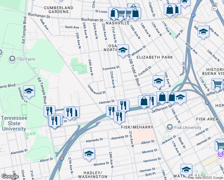 map of restaurants, bars, coffee shops, grocery stores, and more near 1500 23rd Avenue North in Nashville
