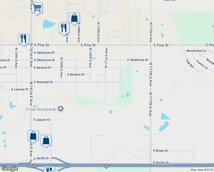 map of restaurants, bars, coffee shops, grocery stores, and more near 17122 Marshall Street in Tulsa