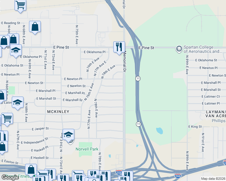 map of restaurants, bars, coffee shops, grocery stores, and more near 7826 East Newton Street in Tulsa