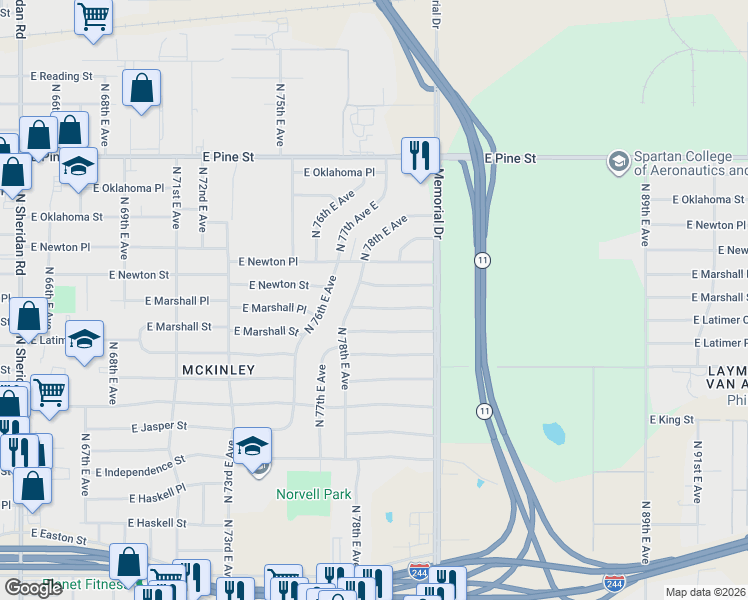 map of restaurants, bars, coffee shops, grocery stores, and more near 7826 East Newton Street in Tulsa