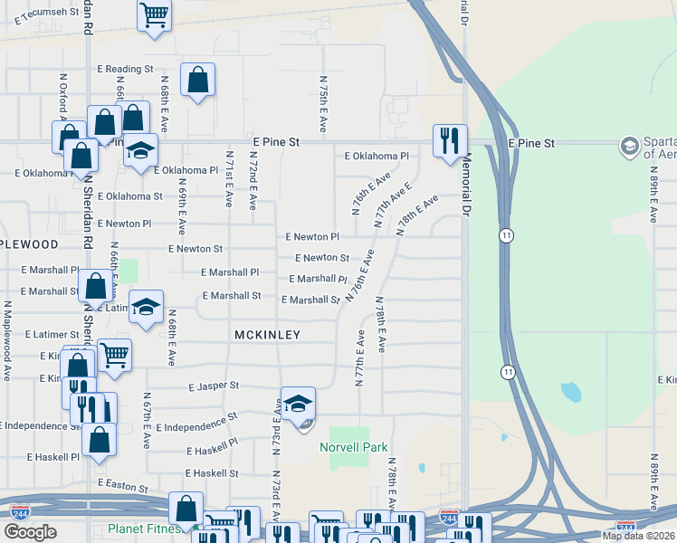 map of restaurants, bars, coffee shops, grocery stores, and more near 7384 East Newton Street in Tulsa