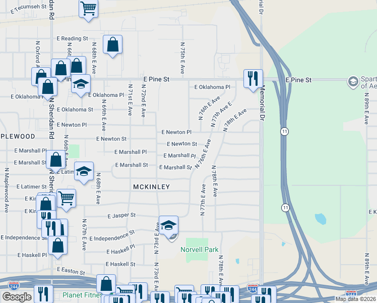 map of restaurants, bars, coffee shops, grocery stores, and more near 7350 East Newton Street in Tulsa