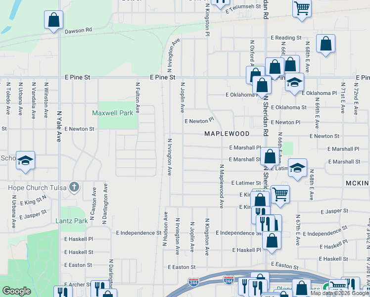 map of restaurants, bars, coffee shops, grocery stores, and more near 5903 East Marshall Place in Tulsa