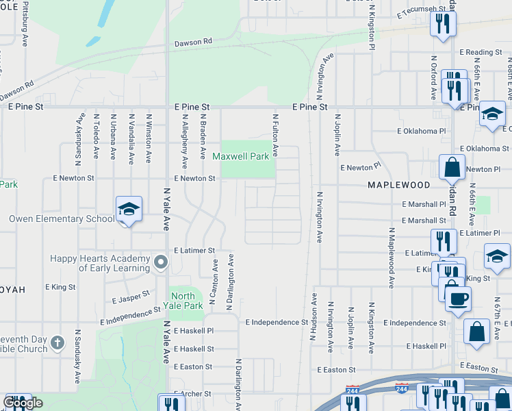 map of restaurants, bars, coffee shops, grocery stores, and more near 1211-1261 N Darlington Pl in Tulsa
