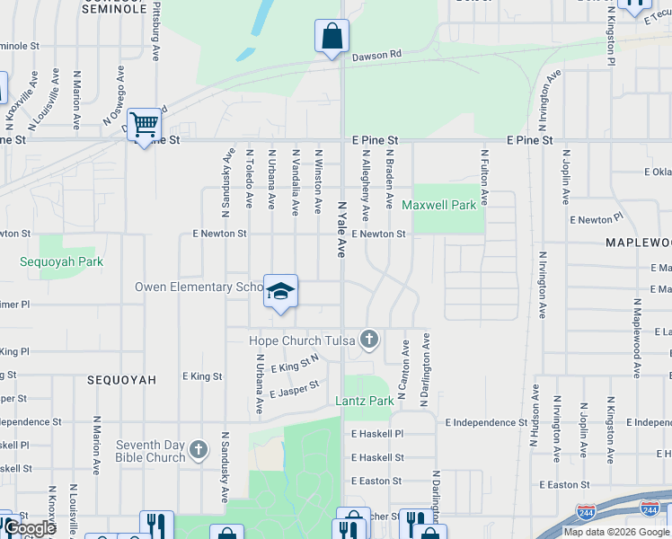 map of restaurants, bars, coffee shops, grocery stores, and more near 1223 North Winston Avenue in Tulsa