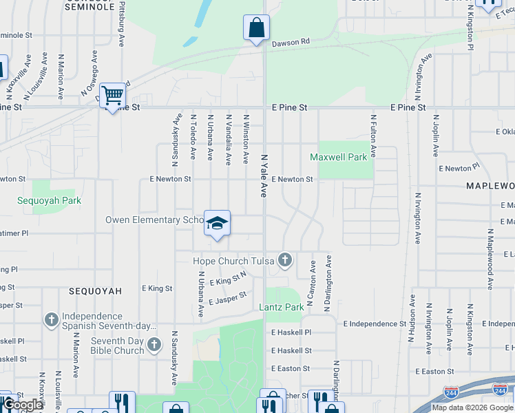 map of restaurants, bars, coffee shops, grocery stores, and more near 1223 North Winston Avenue in Tulsa
