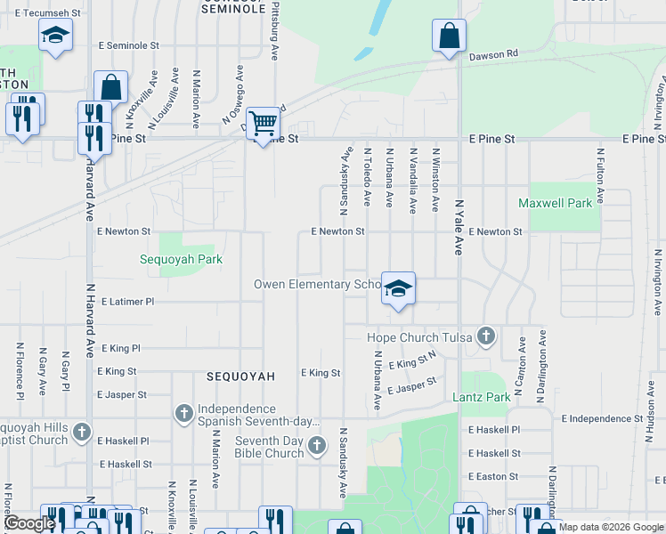 map of restaurants, bars, coffee shops, grocery stores, and more near 1209 North Sandusky Avenue in Tulsa