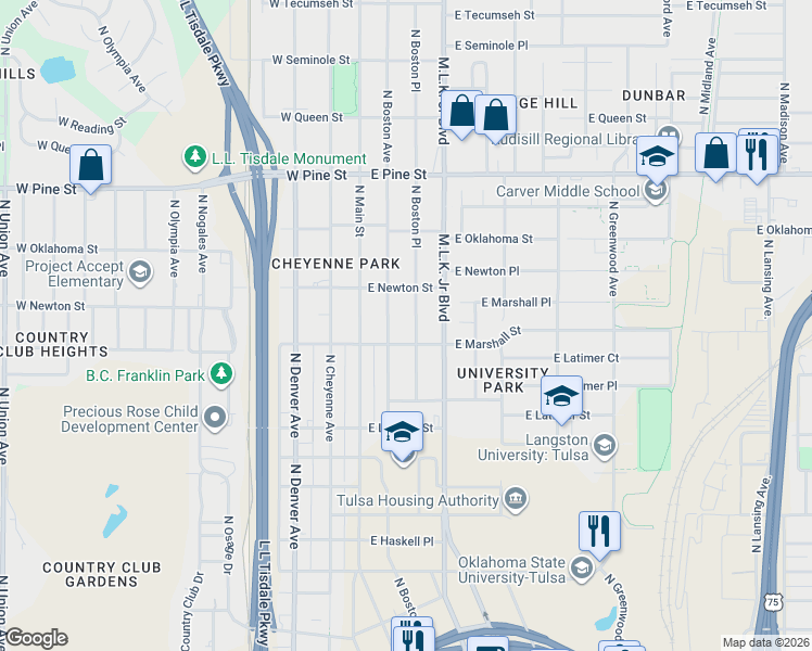 map of restaurants, bars, coffee shops, grocery stores, and more near 1227 North Boston Avenue in Tulsa