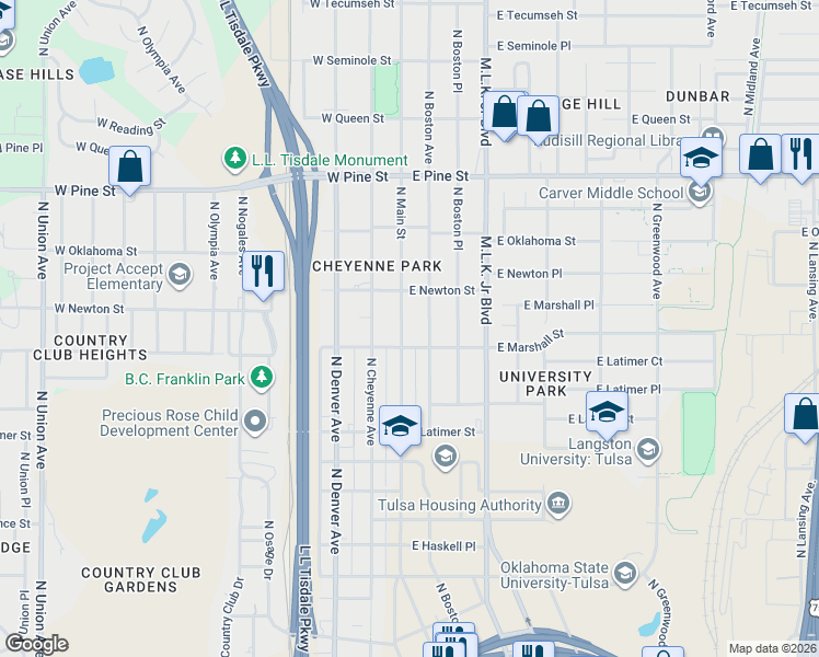 map of restaurants, bars, coffee shops, grocery stores, and more near 1228 North Main Street in Tulsa
