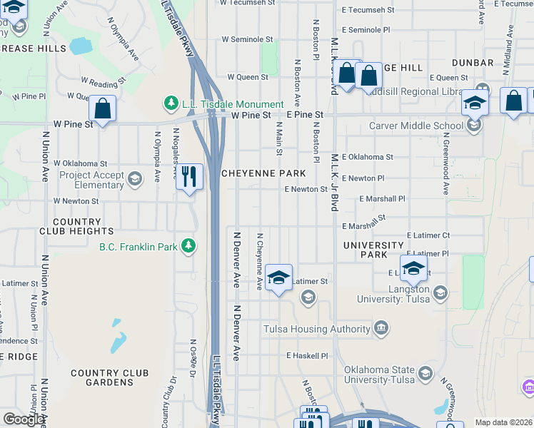 map of restaurants, bars, coffee shops, grocery stores, and more near 1228 North Main Street in Tulsa