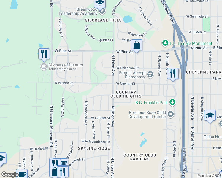 map of restaurants, bars, coffee shops, grocery stores, and more near 1232 North Tacoma Place in Tulsa