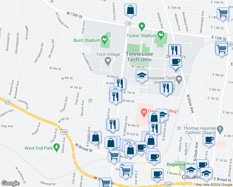 map of restaurants, bars, coffee shops, grocery stores, and more near 312 West 7th Street in Cookeville